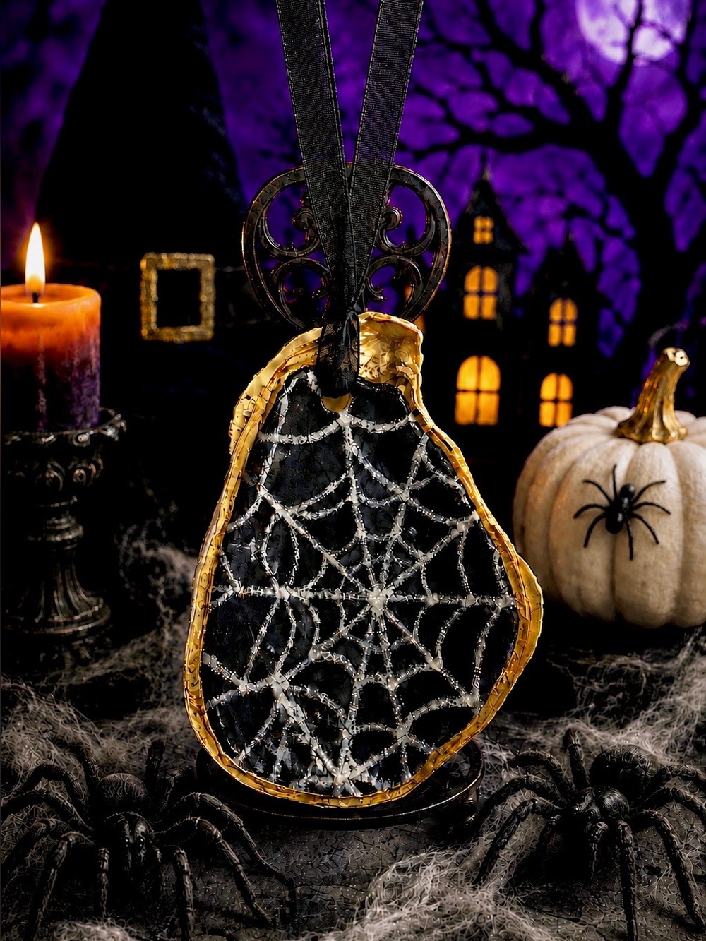 Hand crafted spider web oyster shell bottle ornament black 7”